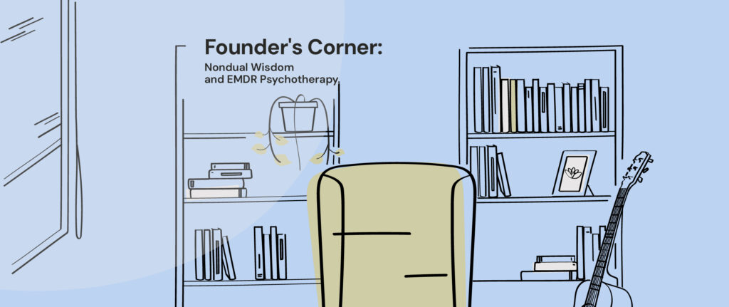 Illustration of a cozy therapy office with bookshelves