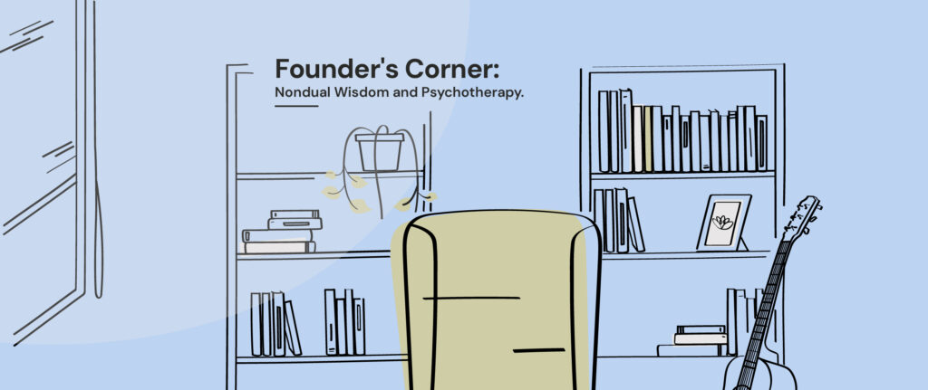 Illustration of a cozy therapy office with bookshelves